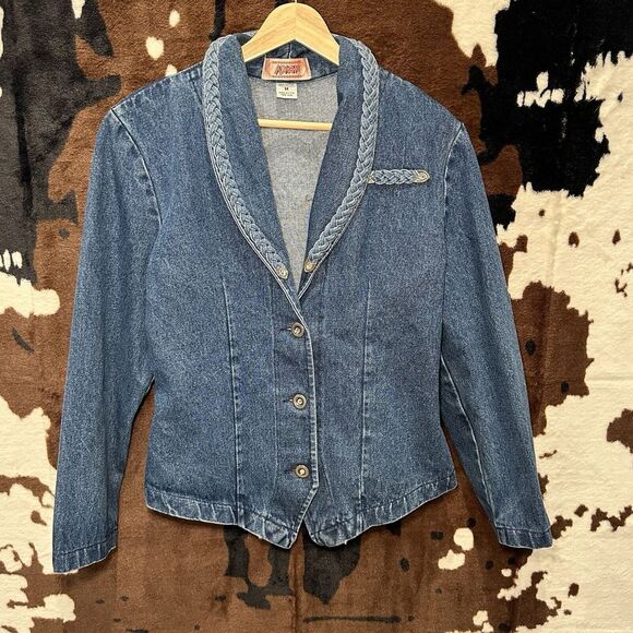 Apache Vintage Denim Cotton Blue Jean Rhinestone Trim Jacket Blazer Women's M‎ - Picture 1 of 8